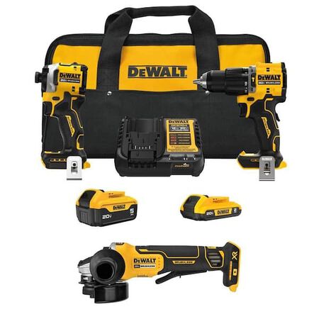 DeWalt ATOMIC 20V Lithium-Ion Cordless 2-Tool Combo Kit and 4.5 in. Angle Grinder with 5.0 Ah and 2.0 Ah Batteries and Charger