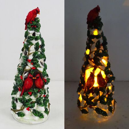 Alpine LED Green/Red Christmas Tree with Cardinals Table Decor 14 in.
