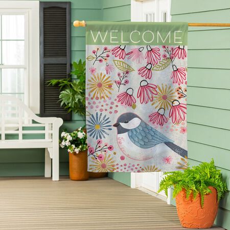 Evergreen Pastel Doodles Chickadee Suede House Flag