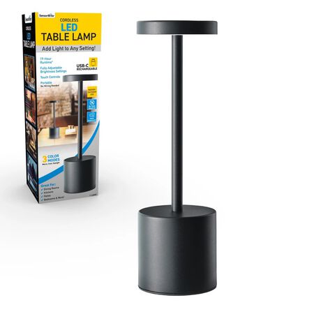 Sensor Brite Cordless LED Table Lamp, USB-C Rechargeable, Durable Construction, Black