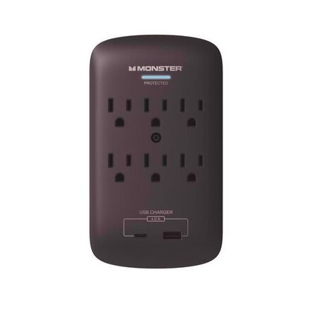 Monster Just Power it Up 0 ft. L 6 outlets Wall Tap Surge Protector w/USB Black 1200 J