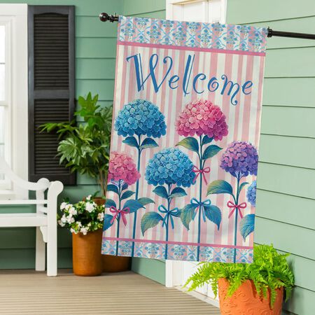 Evergreen Vintage Hydrangea Burlap House Flag