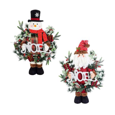 Evergreen 18 in. Noel Santa and Snowman Standing Plush LED Decor