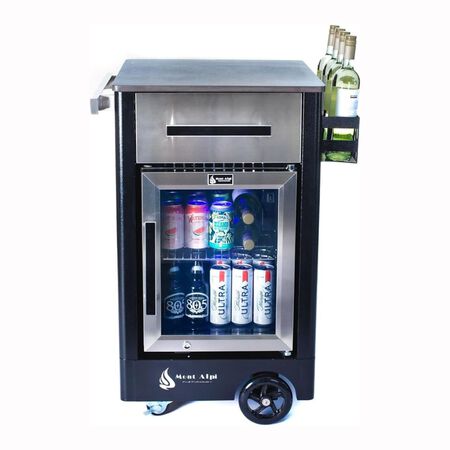 Mont Alpi Stainless Steel Outdoor Kitchen Island Rolling Bar Cart with Ceramic Top & Beverage Refrigerator 33 in.