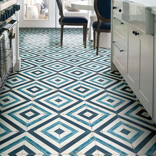 Bold colored floor tile design in kitchen