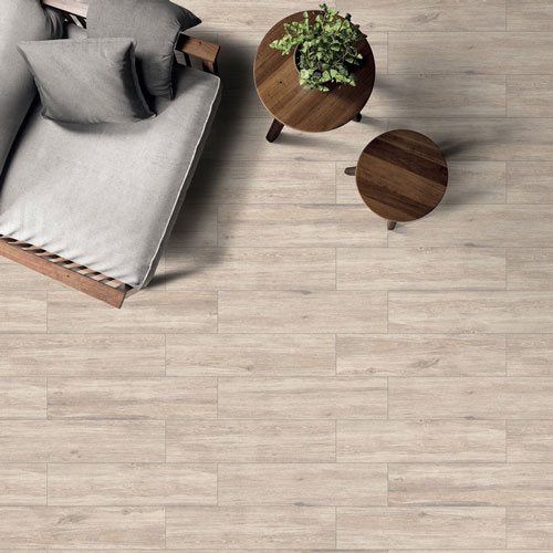 Wood-look tile flooring with chair and side table