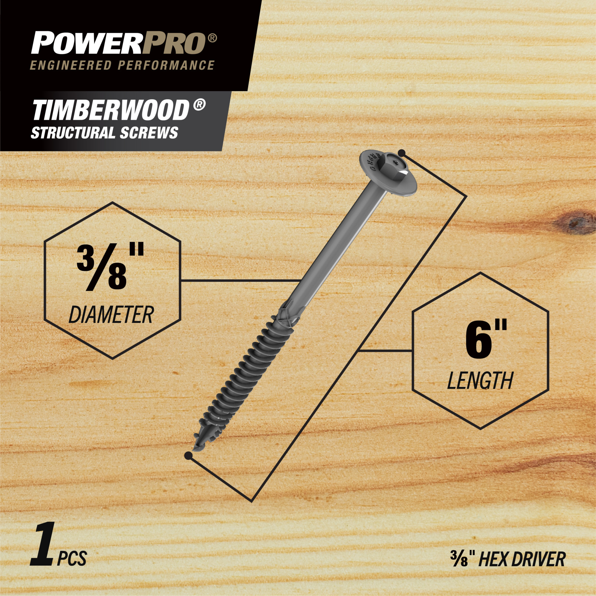 Power Pro HDG Heavy Duty TimberWood Structural Screws (3/8 in. x 6 in.) - 1pc