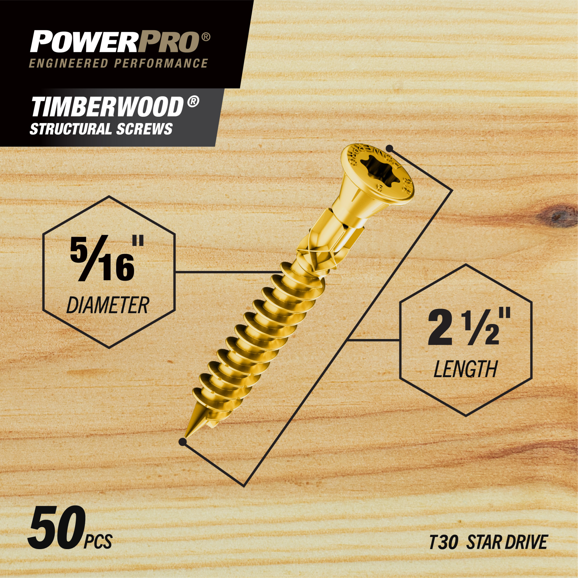 Power Pro TimberWood Bronze Structural Screws (5/16 in. x 2-1/2 in.) - 50pc