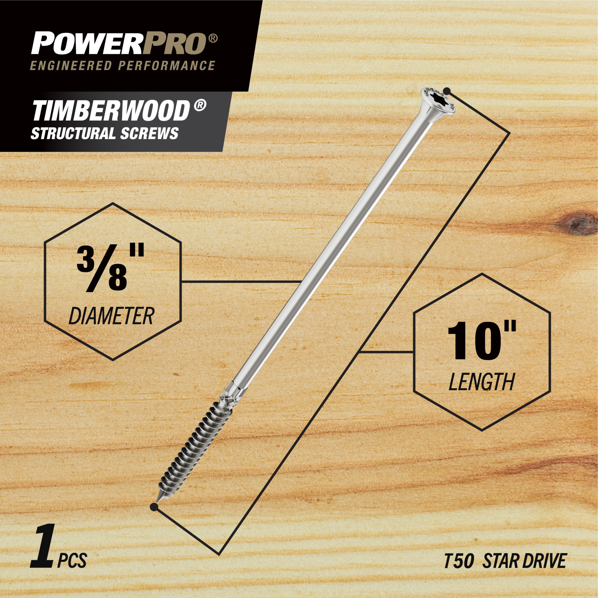 Power Pro 316SS Heavy Duty TimberWood Structural Screws (3/8 in. x 10 in.) - 1pc