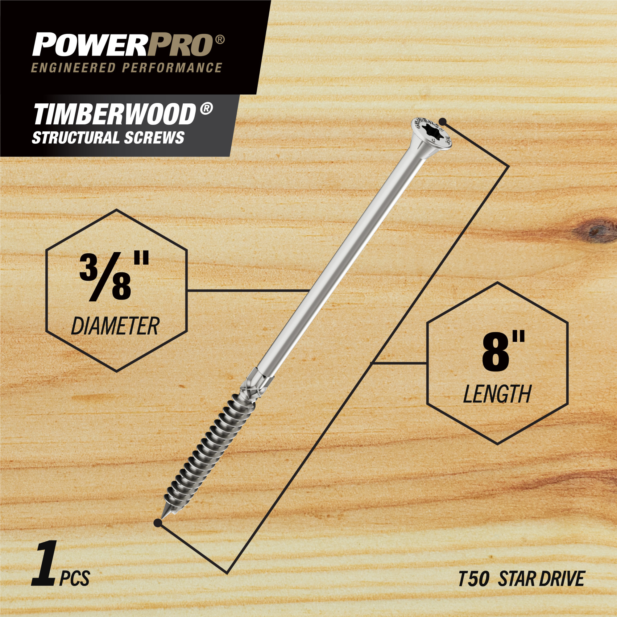 Power Pro 316SS Heavy Duty TimberWood Structural Screws (3/8 in. x 8 in.) - 1pc
