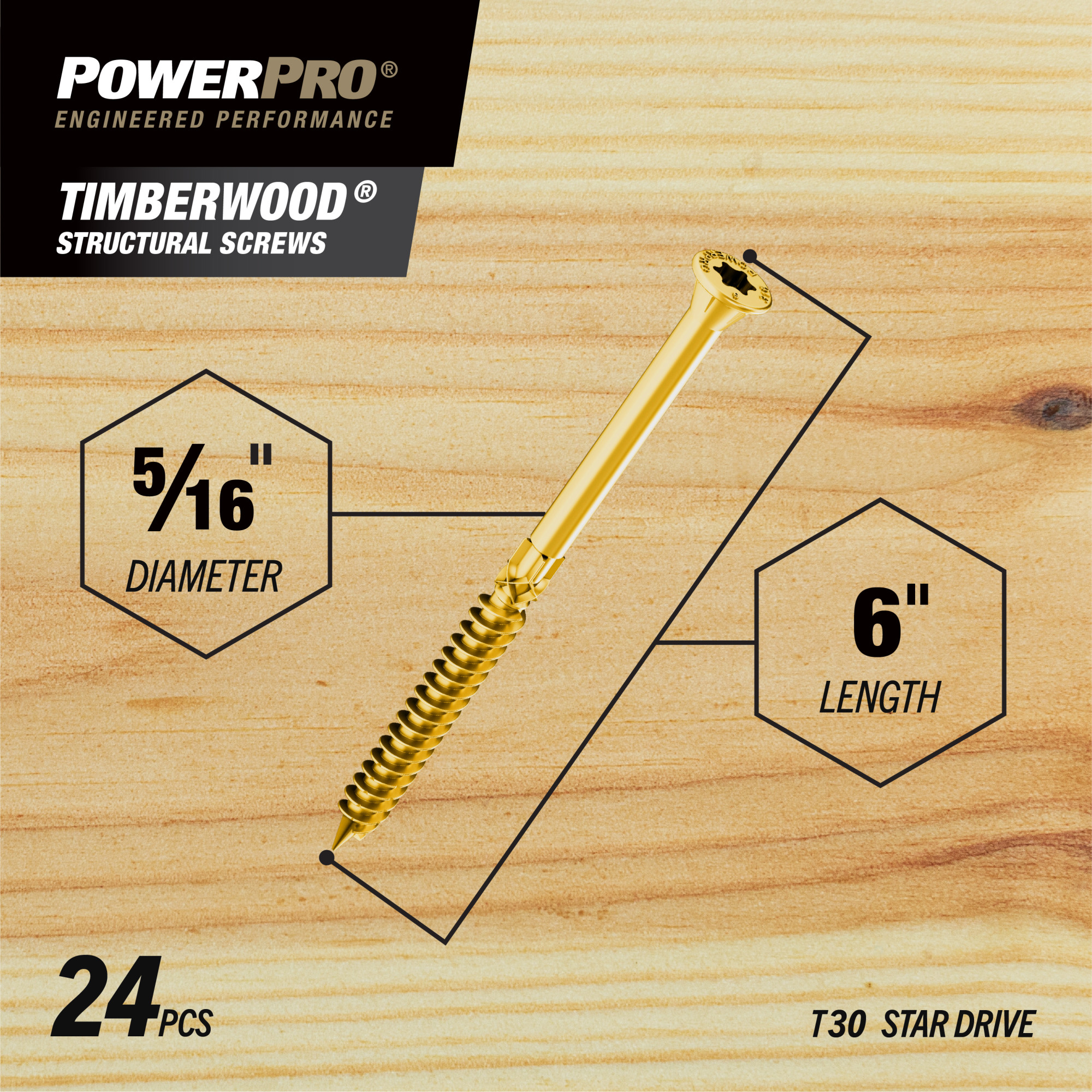 Power Pro TimberWood Bronze Structural Screws (5/16 in. x 6 in.) - 24pc