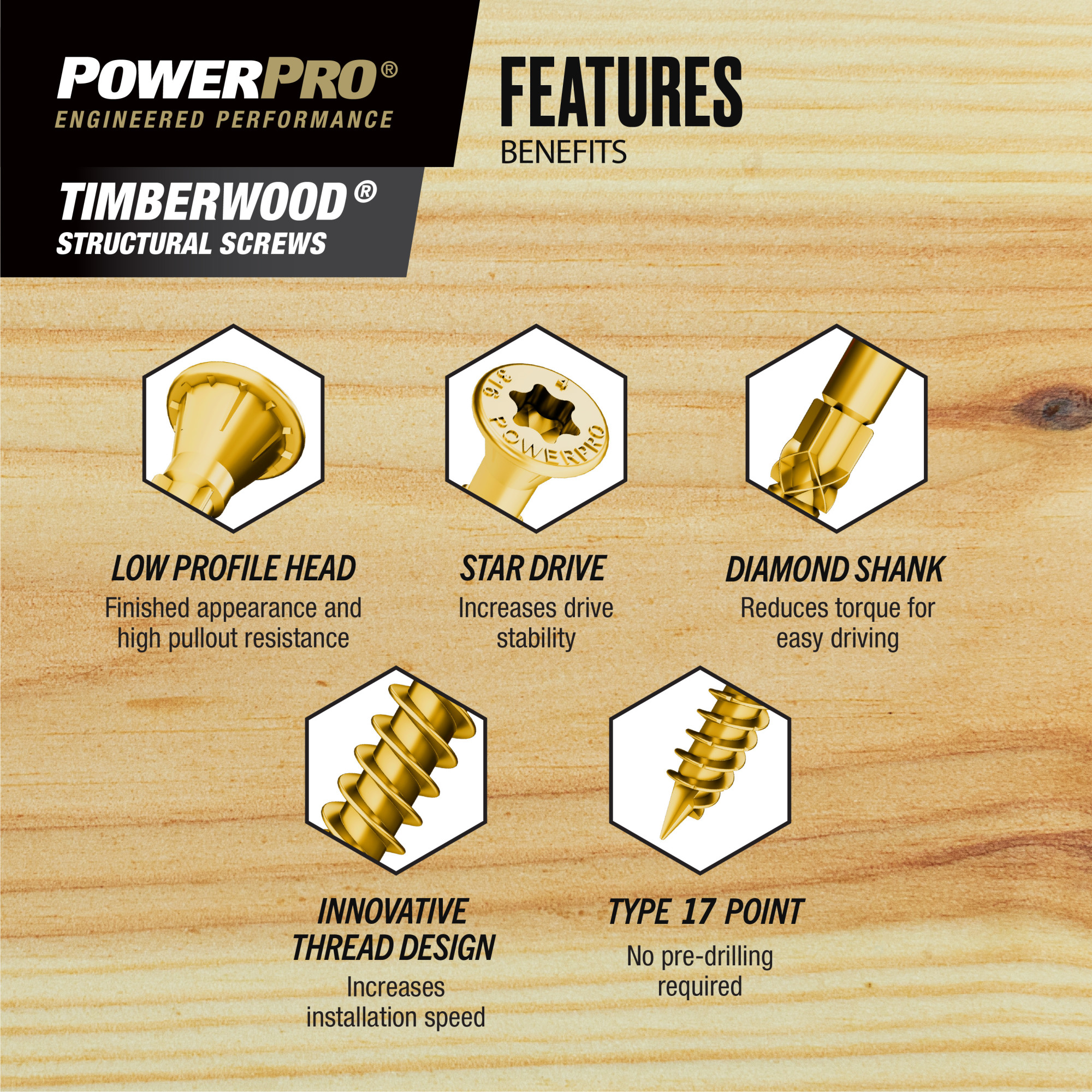 Power Pro TimberWood Bronze Structural Screws (5/16 in. x 2-1/2 in.) - 50pc