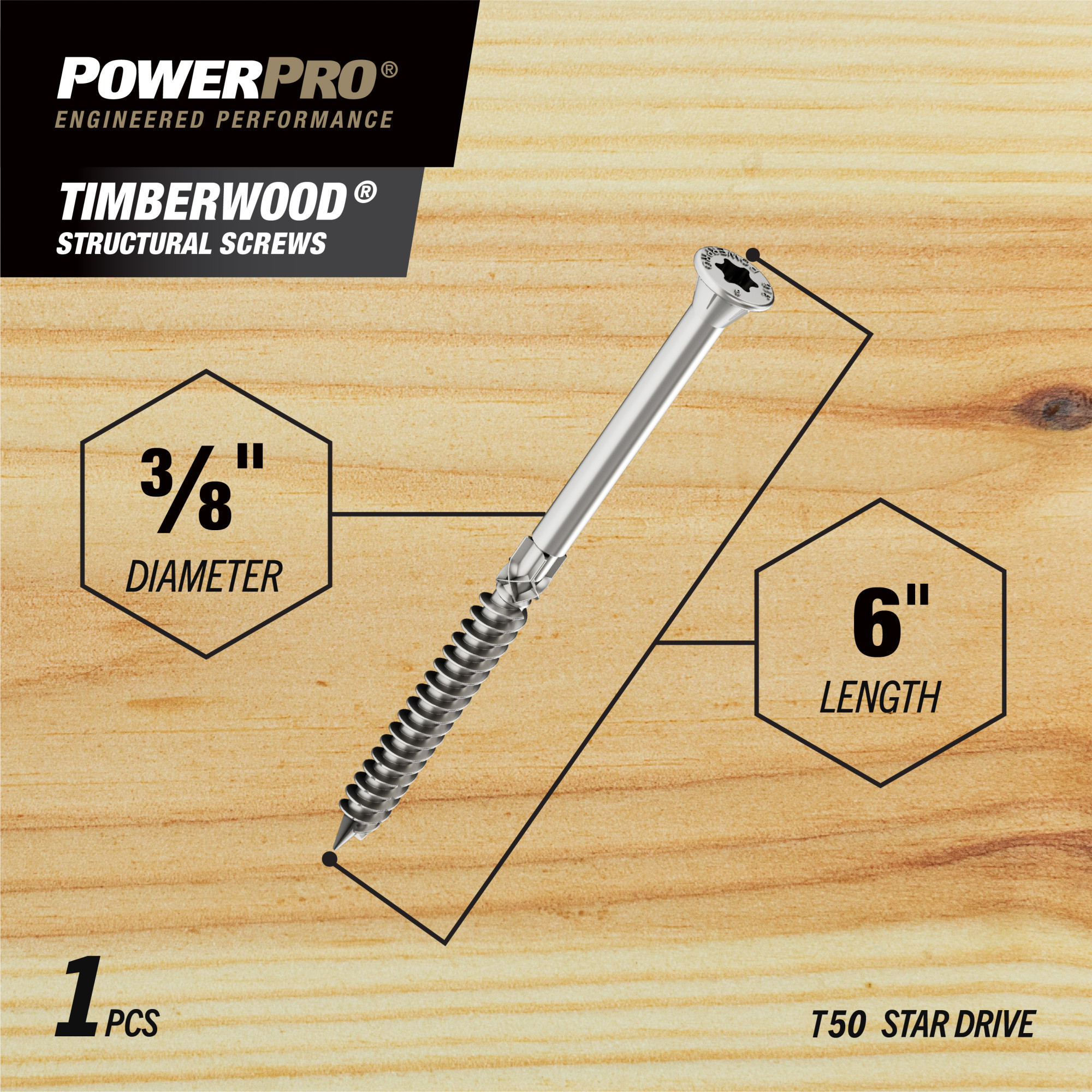 Power Pro 316SS Heavy Duty TimberWood Structural Screws (3/8 in. x 6 in.) - 1pc