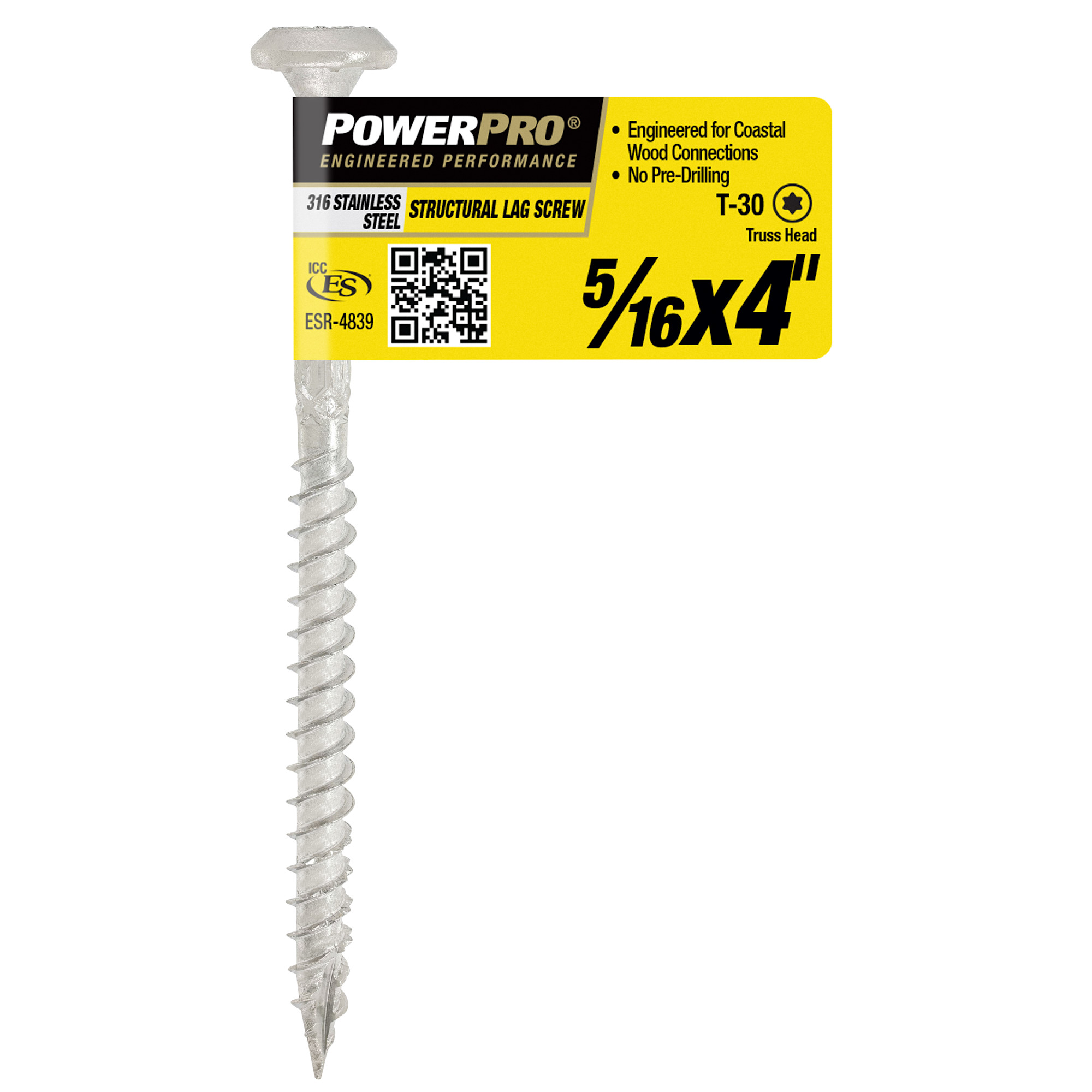 Power Pro 316SS Stainless Steel Structural Lag Screws (5/16 in. x 4 in.) - 1pc