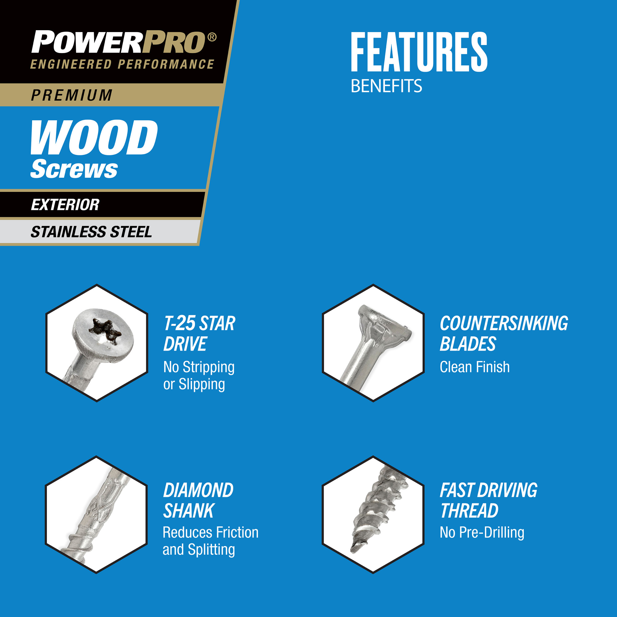 Power Pro Premium 305 Stainless Steel Wood Screws (#10 x 3 in.) - 66 pc