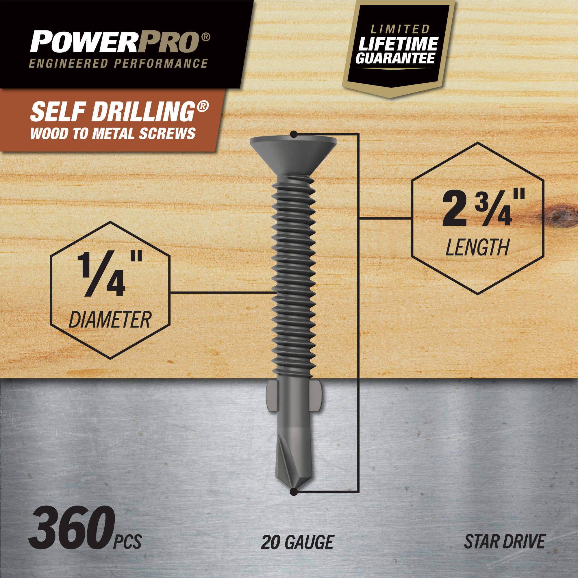 Power Pro Prower Pro Premium Flat Gray Epoxy Self-Drilling Screws (&frac14;"-20 &times; 2-&frac34;") 360pc