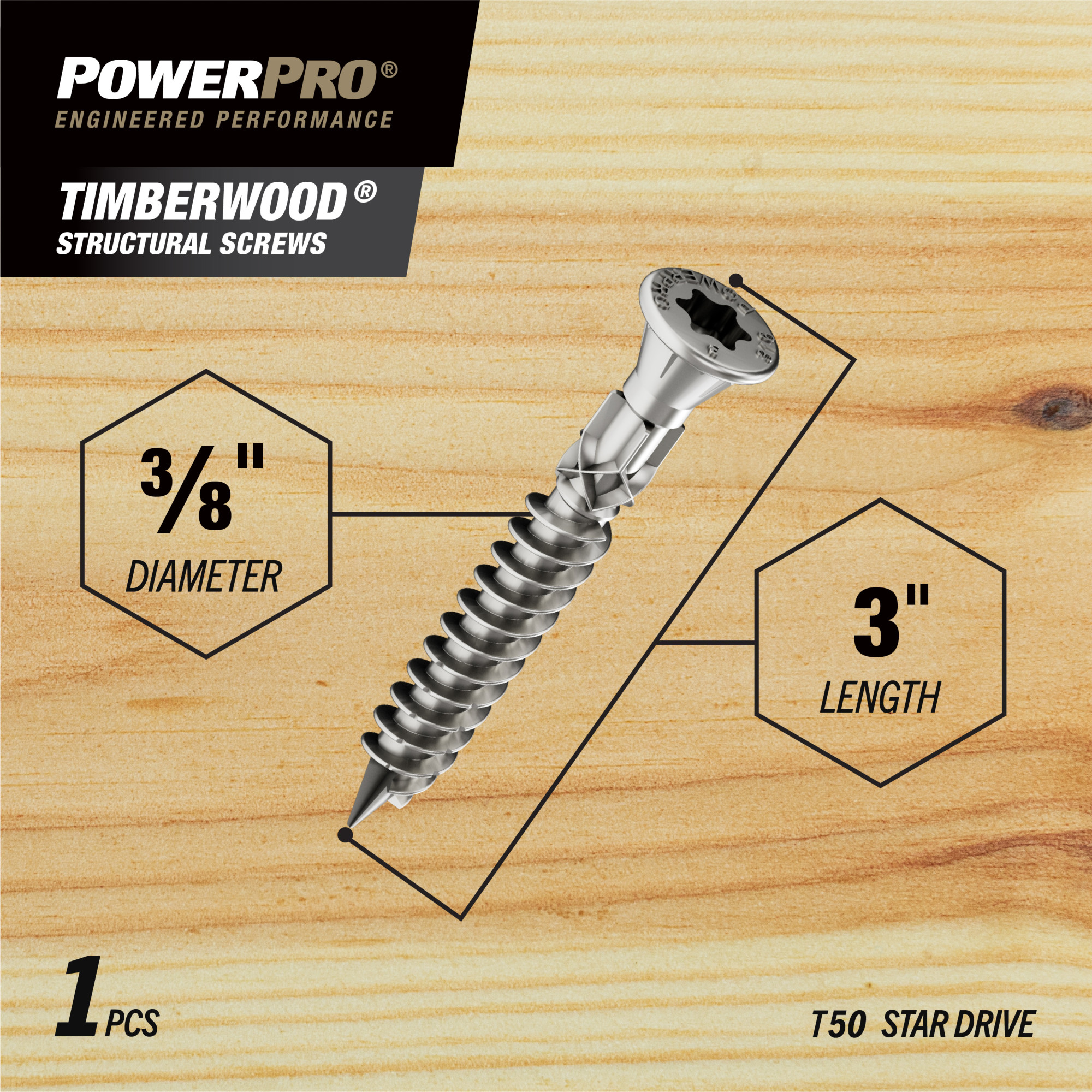 Power Pro 316SS Heavy Duty TimberWood Structural Screws (3/8 in. x 3 in.) - 1pc