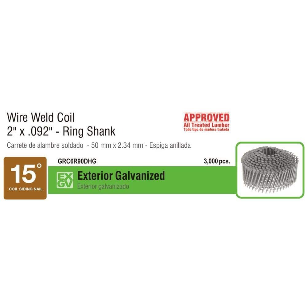 Grip-Rite PrimeGuard 15-deg HD Galvanized Wire Coil Nails, Ring 2-inch by .092, Steel, Flat, Ring