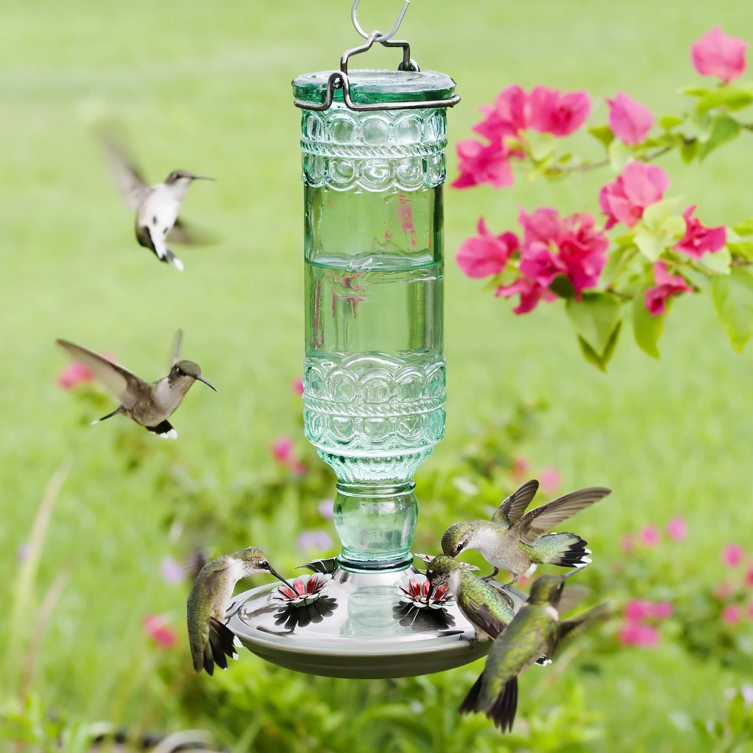 Perky-Pet Hummingbird 10 oz Glass/Metal Antique Bottle Nectar Bird Feeder 4 ports
