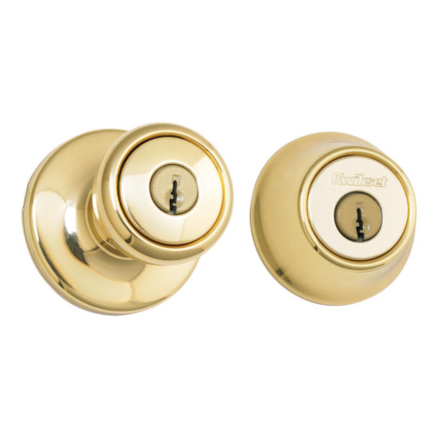 Kwikset Tylo Polished Brass Deadbolt and Passage Door Knob 1-3/4 in.