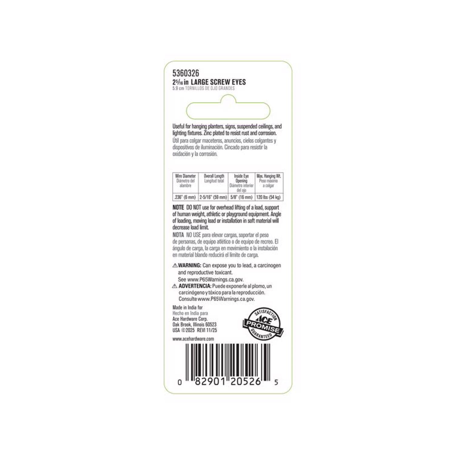 Ace 9/32 in. D X 2-5/16 in. L Zinc-Plated Steel Screw Eye 120 lb. cap. 3 pk
