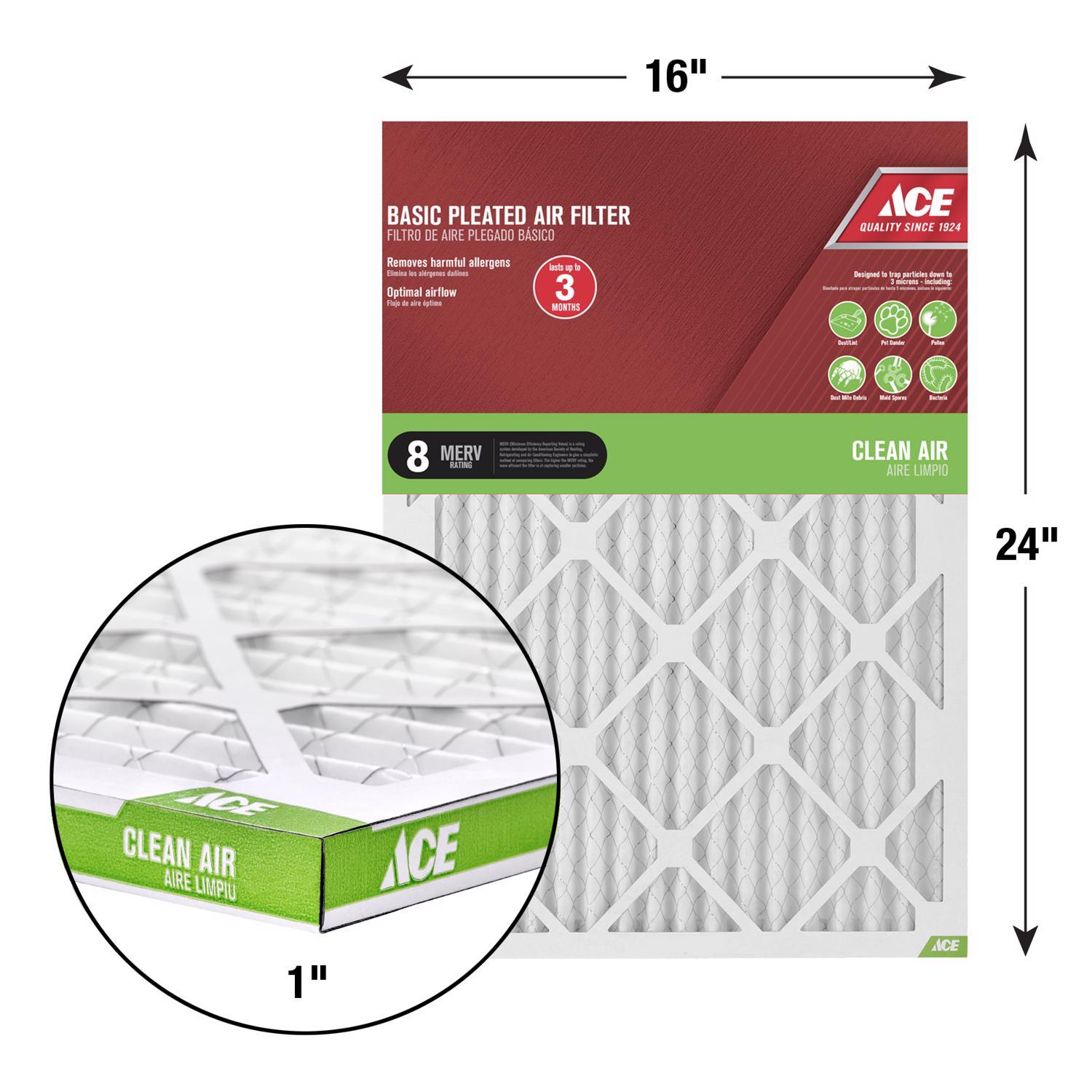 Ace 16 in. W X 24 in. H X 1 in. Synthetic 8 MERV Pleated Air Filter 1 pk
