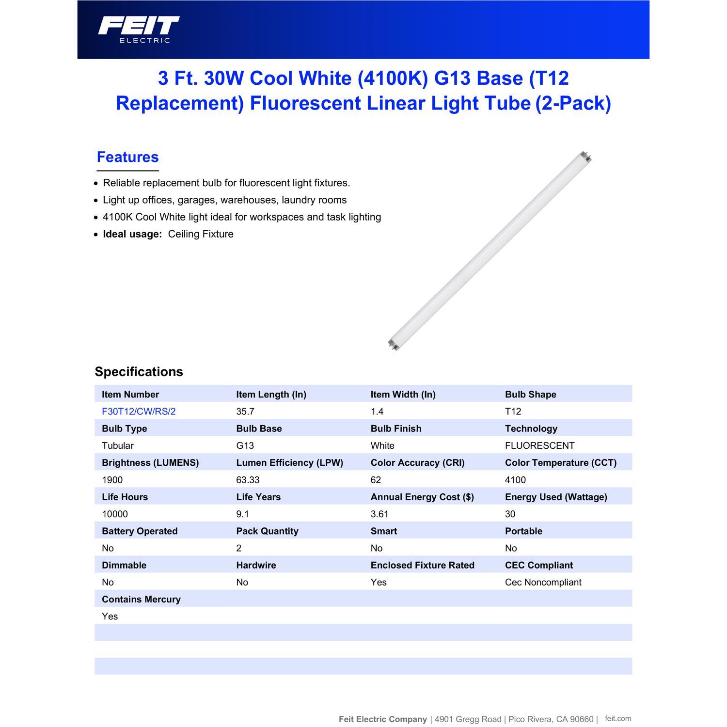 Feit 30 watt 1.5 in. Dia. x 36 in. L Fluorescent Bulb Cool White Linear 2 pk