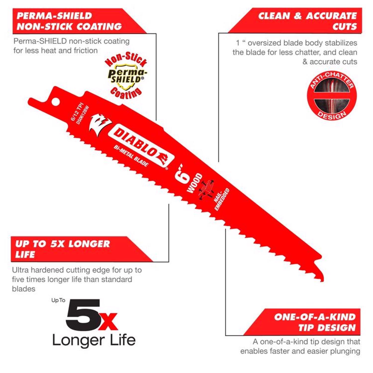Diablo Demo Demon 6 in. Bi-Metal Nail-Embedded Wood Reciprocating Saw Blade 6/12 TPI 5 pk