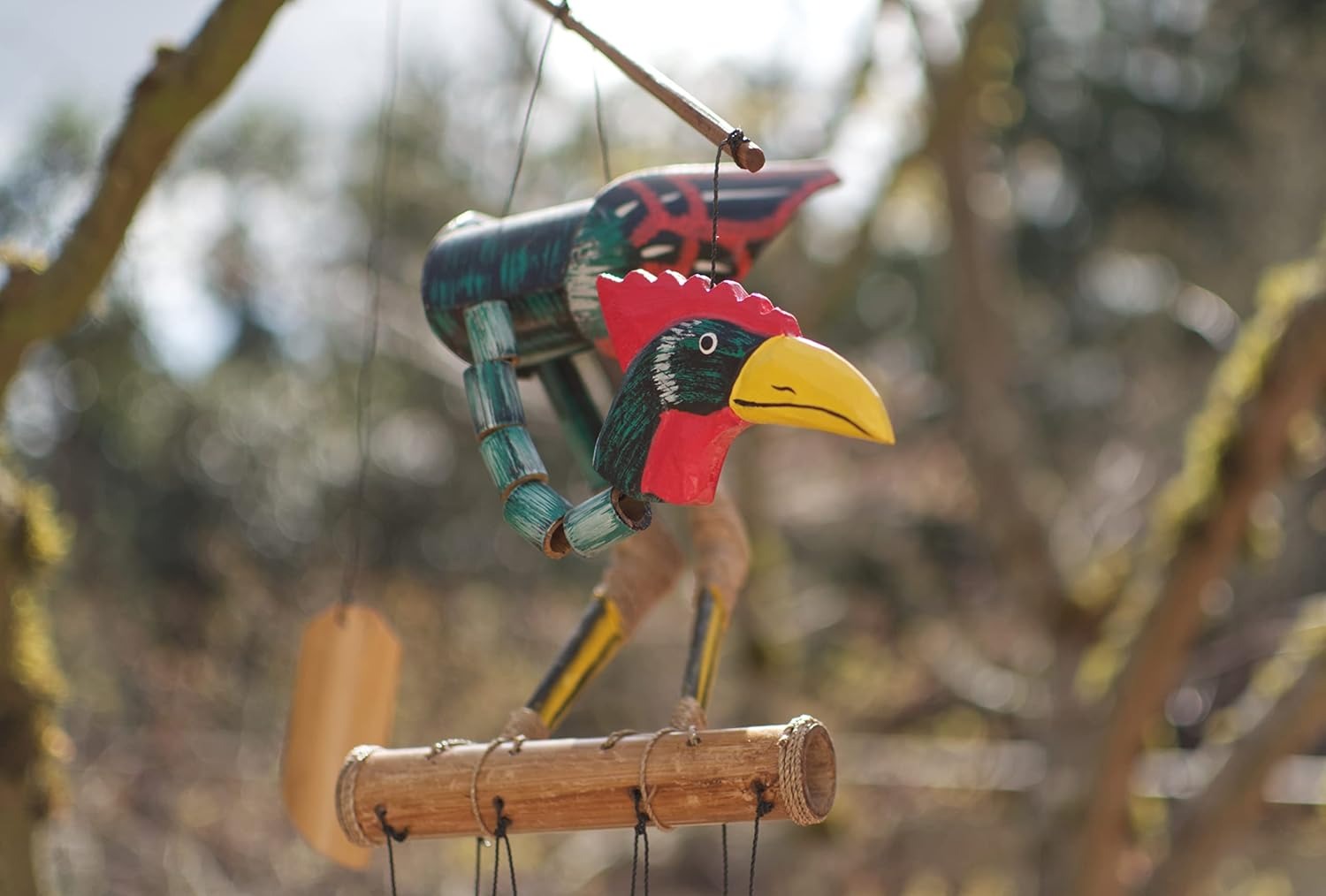 Cohasse Garden Annie Rooster Bamboo Wind Chime for Outside - Bobbing Head Bird & Rooster Deep Tones Outdoor Wind Chime, Large Chicken Decor