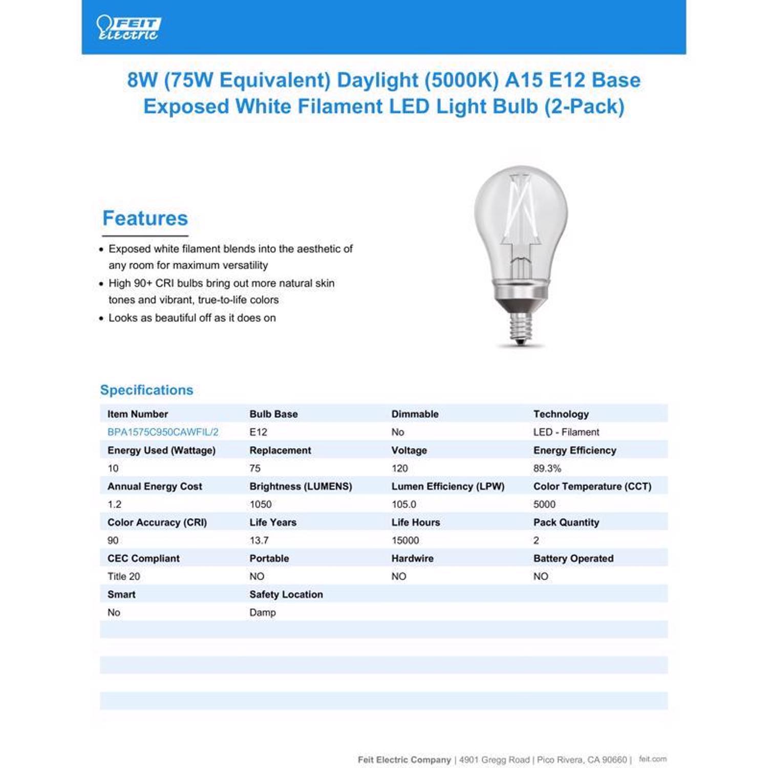 Feit White A15 E12 (Candelabra) Filament LED Bulb Daylight 75 Watt Equivalence 2 pk