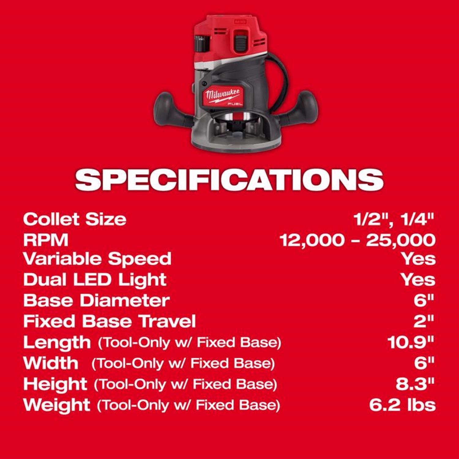 Milwaukee M18 FUEL 6 amps 2.25 HP Cordless Router Tool Only