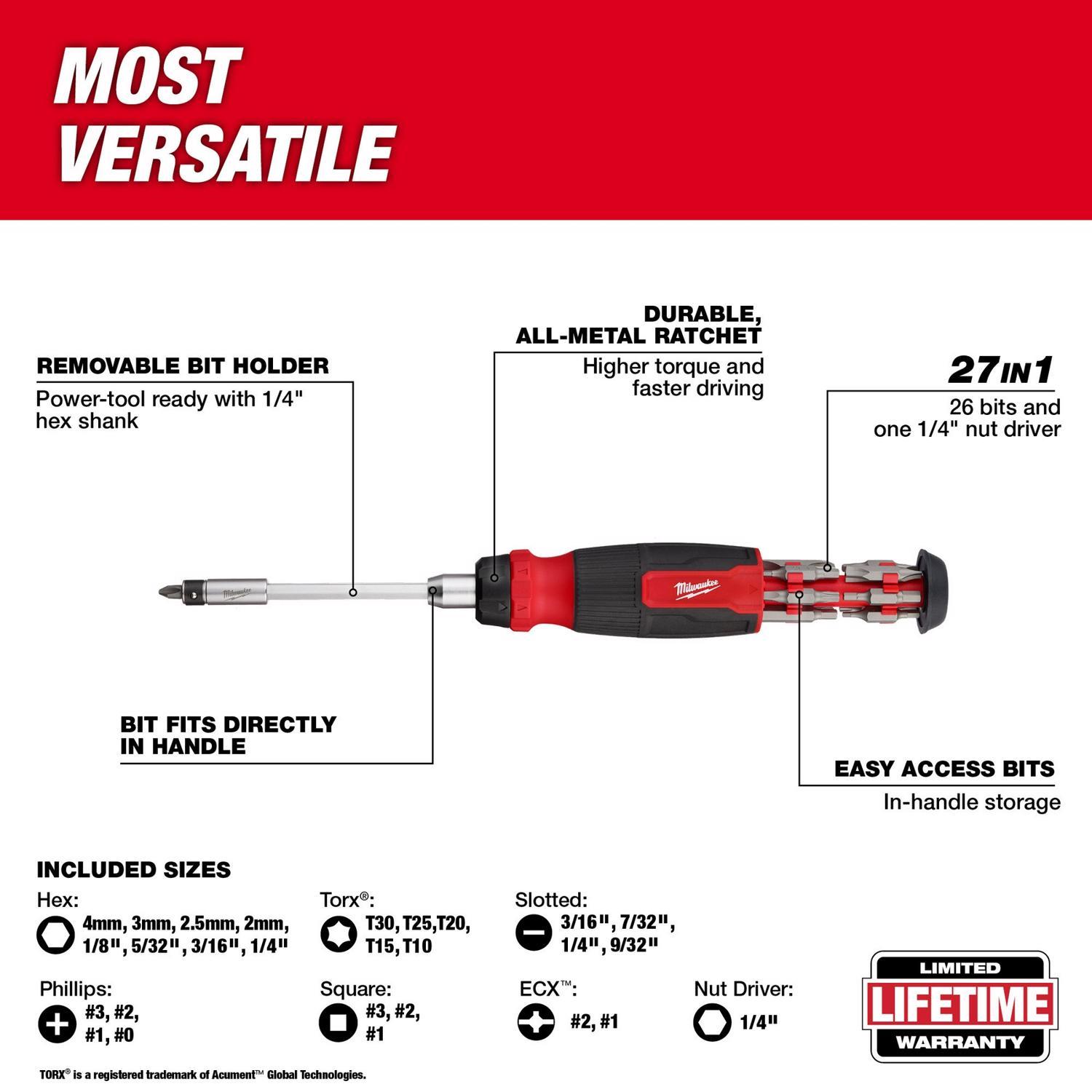 Milwaukee Hex Shank 27-in-1 Ratcheting Multi-Bit Screwdriver 10.12 in. 1 pc
