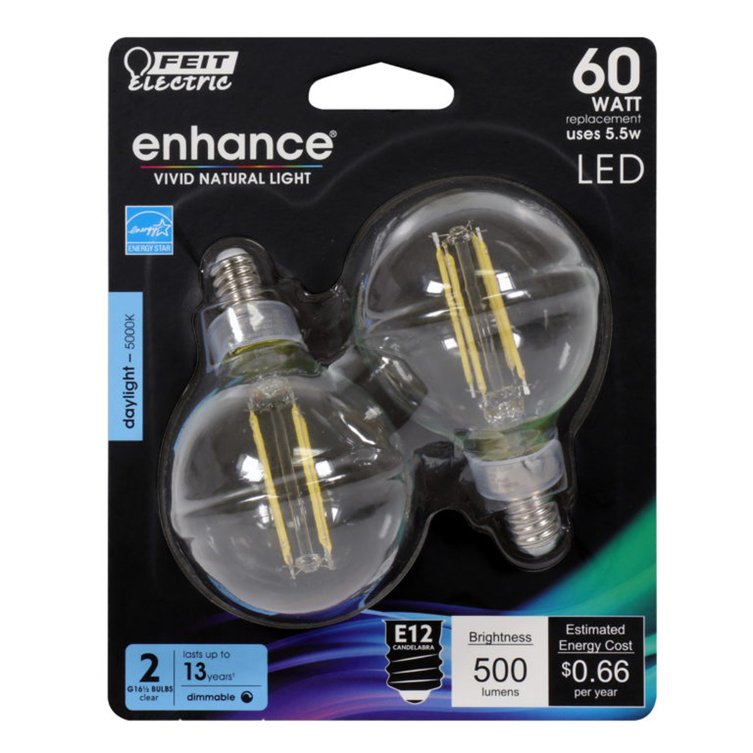 Feit Electric Enhance G16.5 E12 (Candelabra) Filament LED Bulb Daylight 60 Watt Equivalence 2 pk