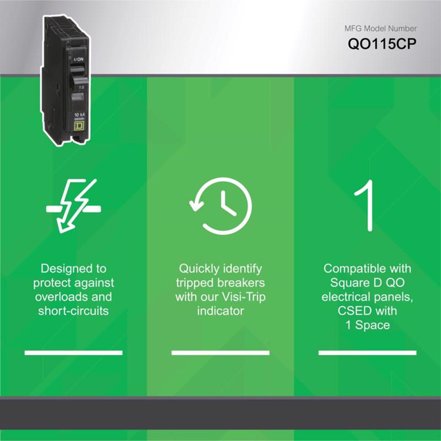 Square D QO 15 amps Plug In Single Pole Miniature Circuit Breaker