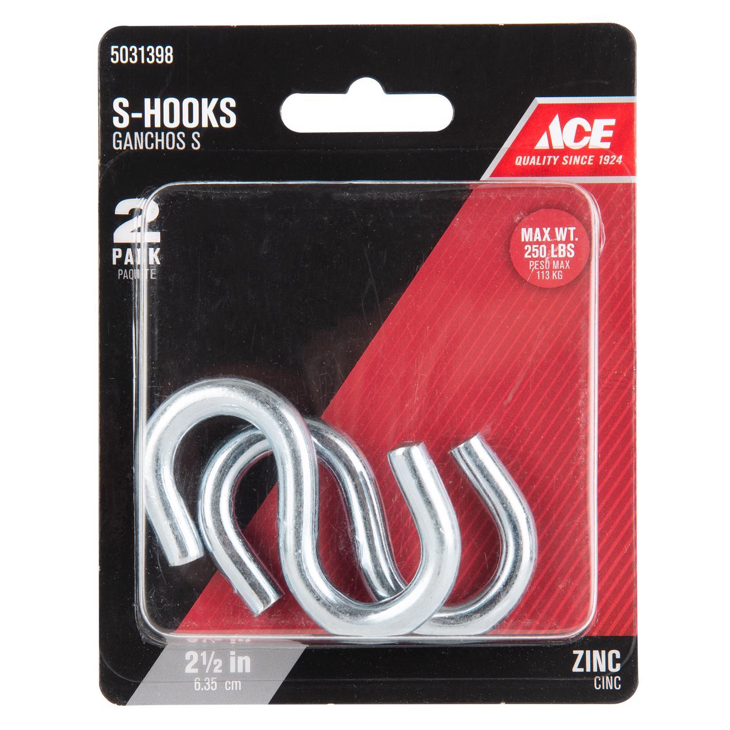 Ace Small Zinc-Plated Silver Steel 2.5 in. L S-Hook 250 lb 2 pk