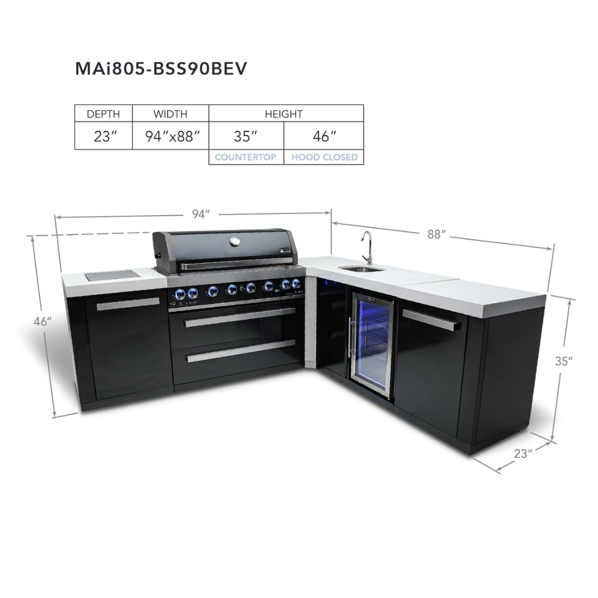 Mont Alpi 805 Black Stainless Steel Island with a 90-degree corner and beverage center