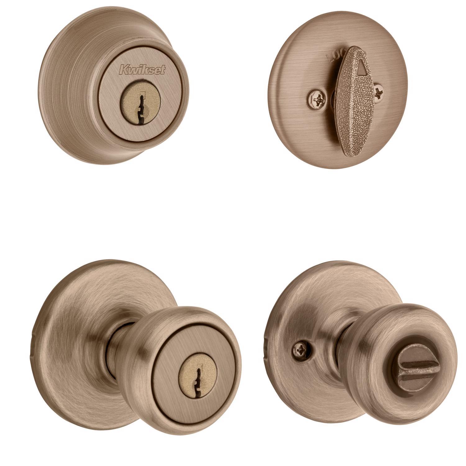 Kwikset Tylo Antique Brass Deadbolt and Passage Door Knob 1-3/4 in.