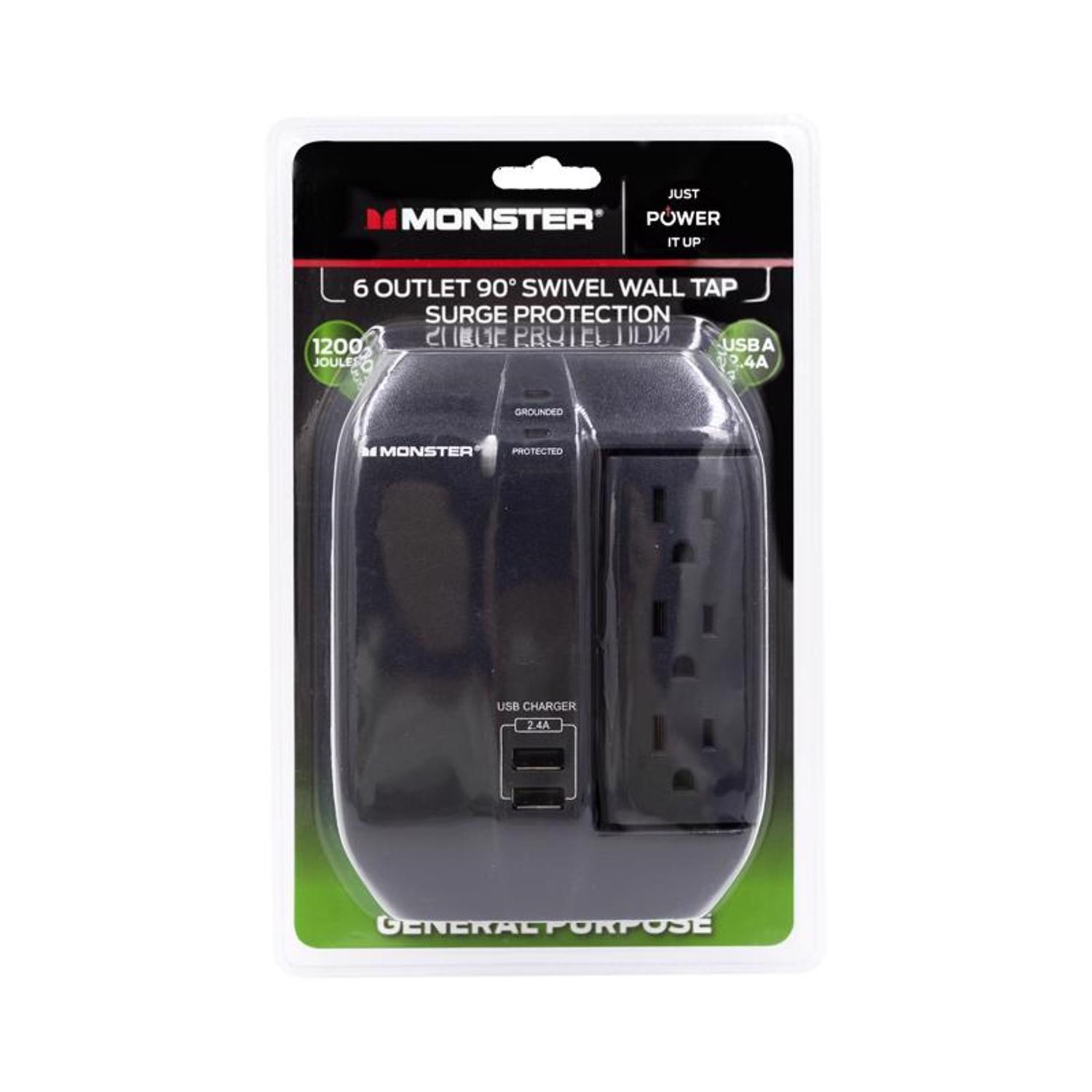Monster Just Power it Up 0 ft. L 6 outlets Wall Tap Surge Protector w/USB Black 1200 J