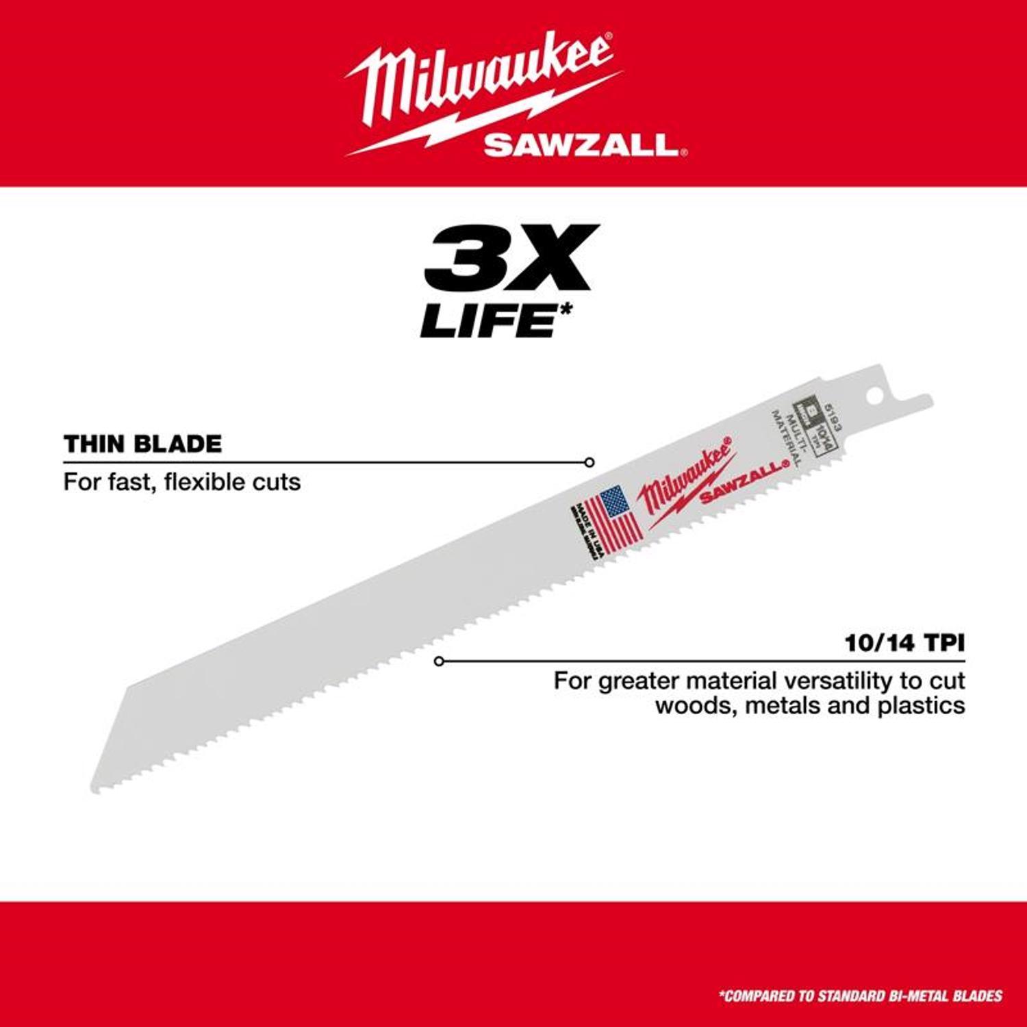 Milwaukee Sawzall 8 in. Bi-Metal Double Duty Upgrade Reciprocating Saw Blade 10/14 TPI 5 pk