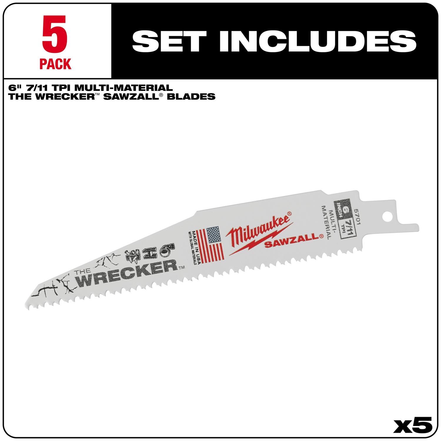 Milwaukee The Wrecker 6 in. Bi-Metal Demolition Reciprocating Saw Blade 7/11 TPI 5 pk