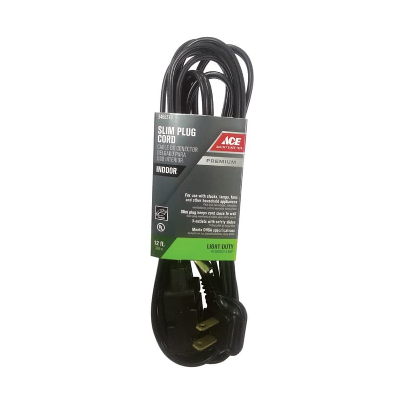 Ace Indoor 12 ft. L Black Extension Cord 16/2 SPT-2
