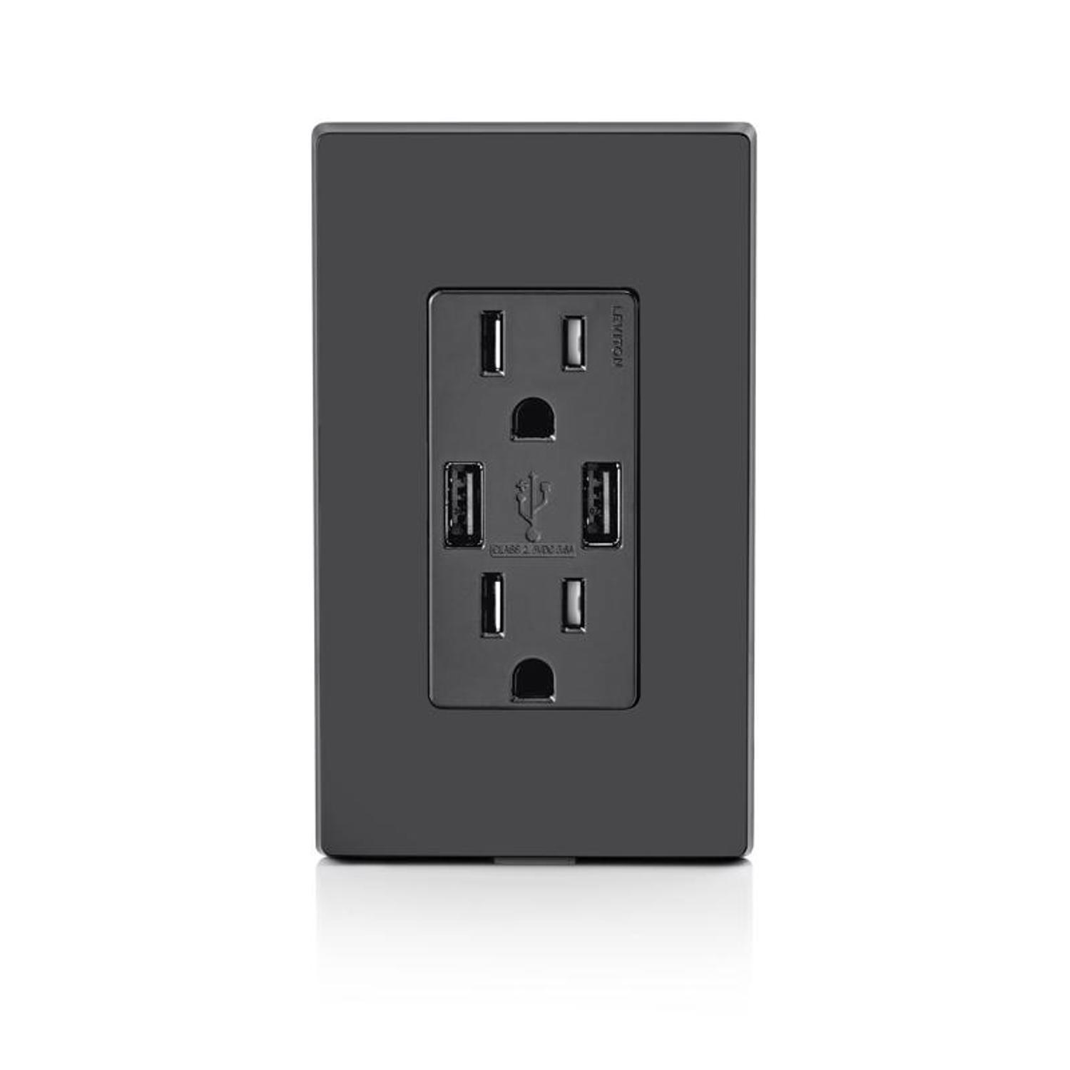 Leviton Decora 15 amps 125 V Duplex Black Outlet and USB Charger 5-15R 1 pk