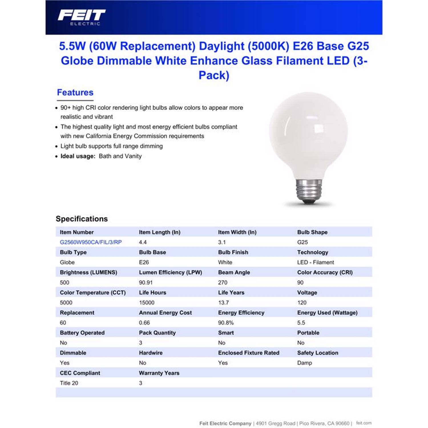 Feit Enhance G25 E26 (Medium) Filament LED Bulb Daylight 60 Watt Equivalence 3 pk