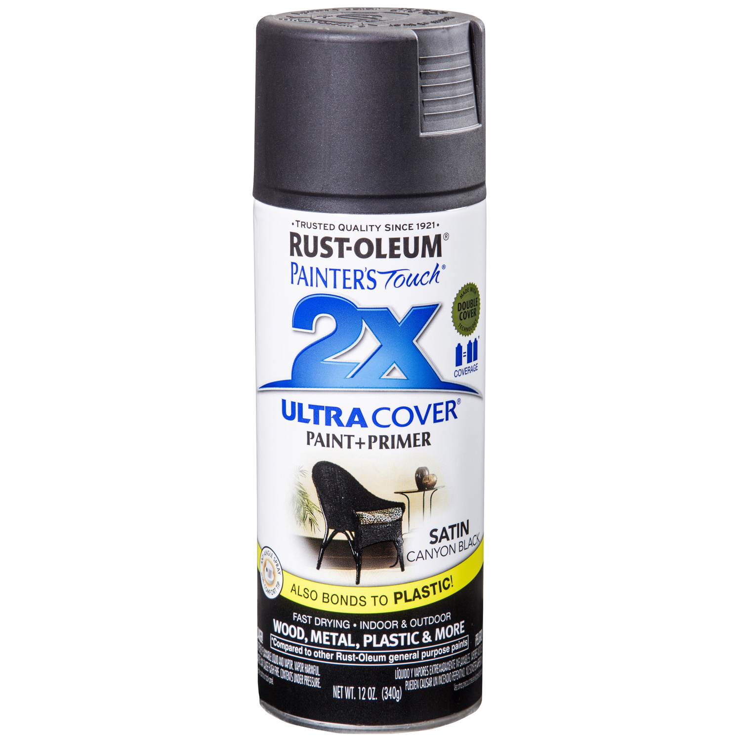 Rust-Oleum Painter's Touch 2X Ultra Cover Satin Canyon Black Paint+Primer Spray Paint 12 oz