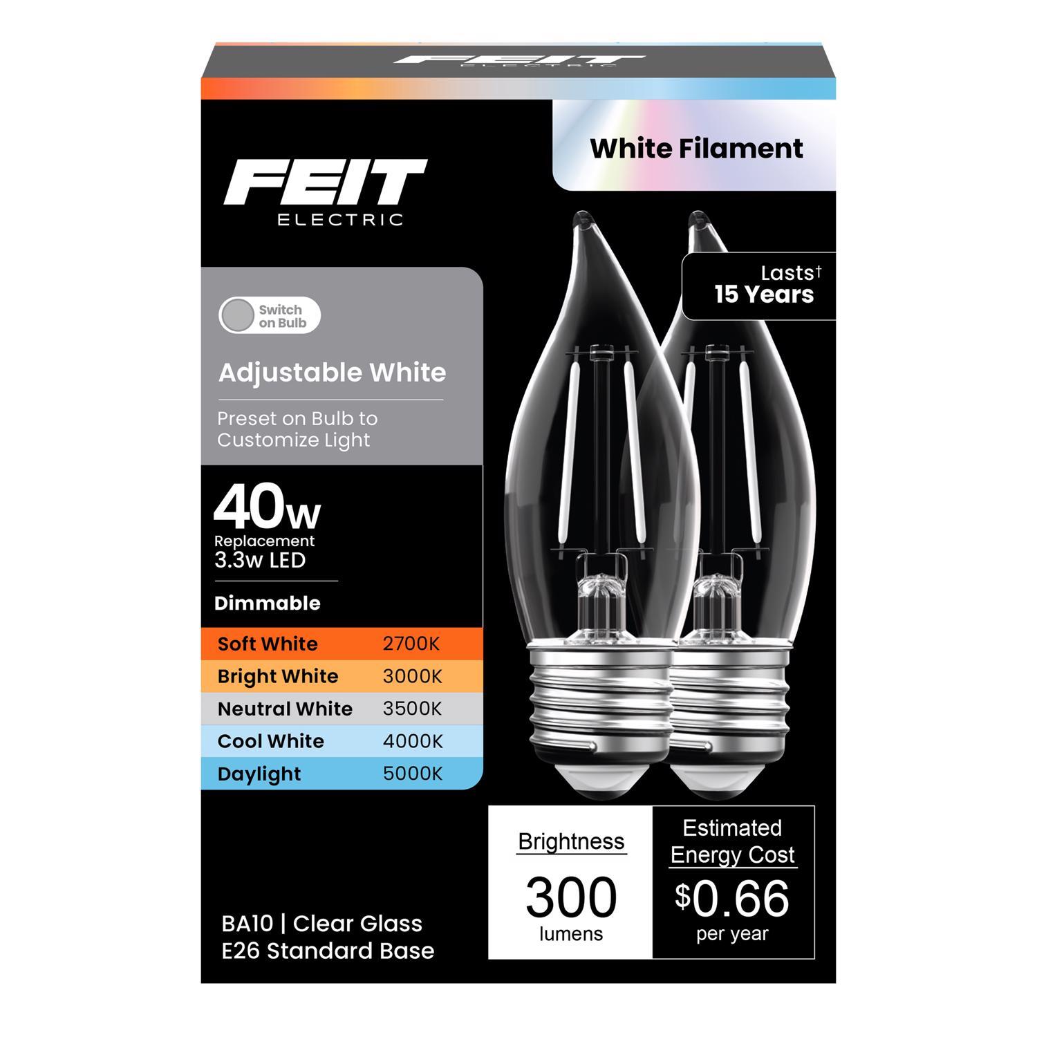 Feit BA10 E26 (Medium) LED Bulb Adjustable White 40 Watt Equivalence 2 Pack