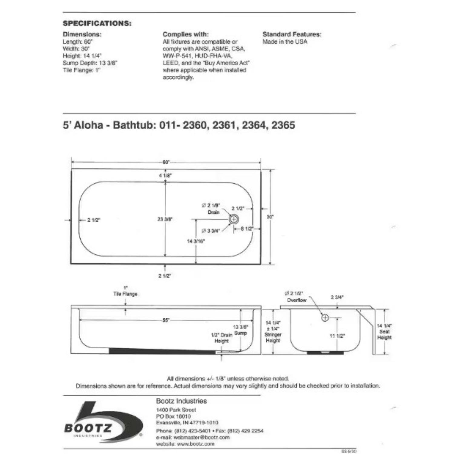 Bootz 14.25 in. H X 30 in. W X 60 in. L White Bathtub