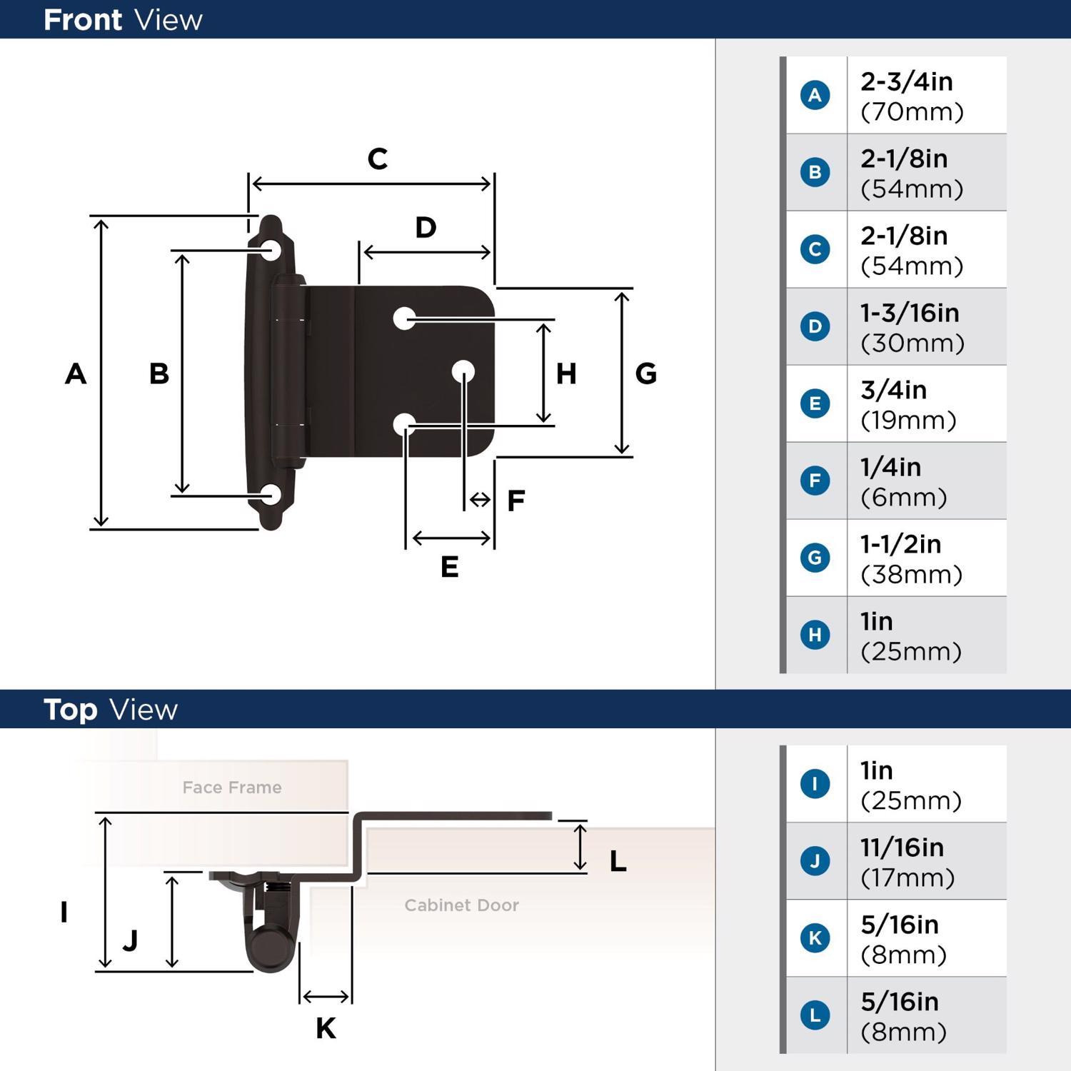 Amerock 2 in. W X 2-3/4 in. L Oil Rubbed Bronze Steel Self-Closing Hinge 2 pk