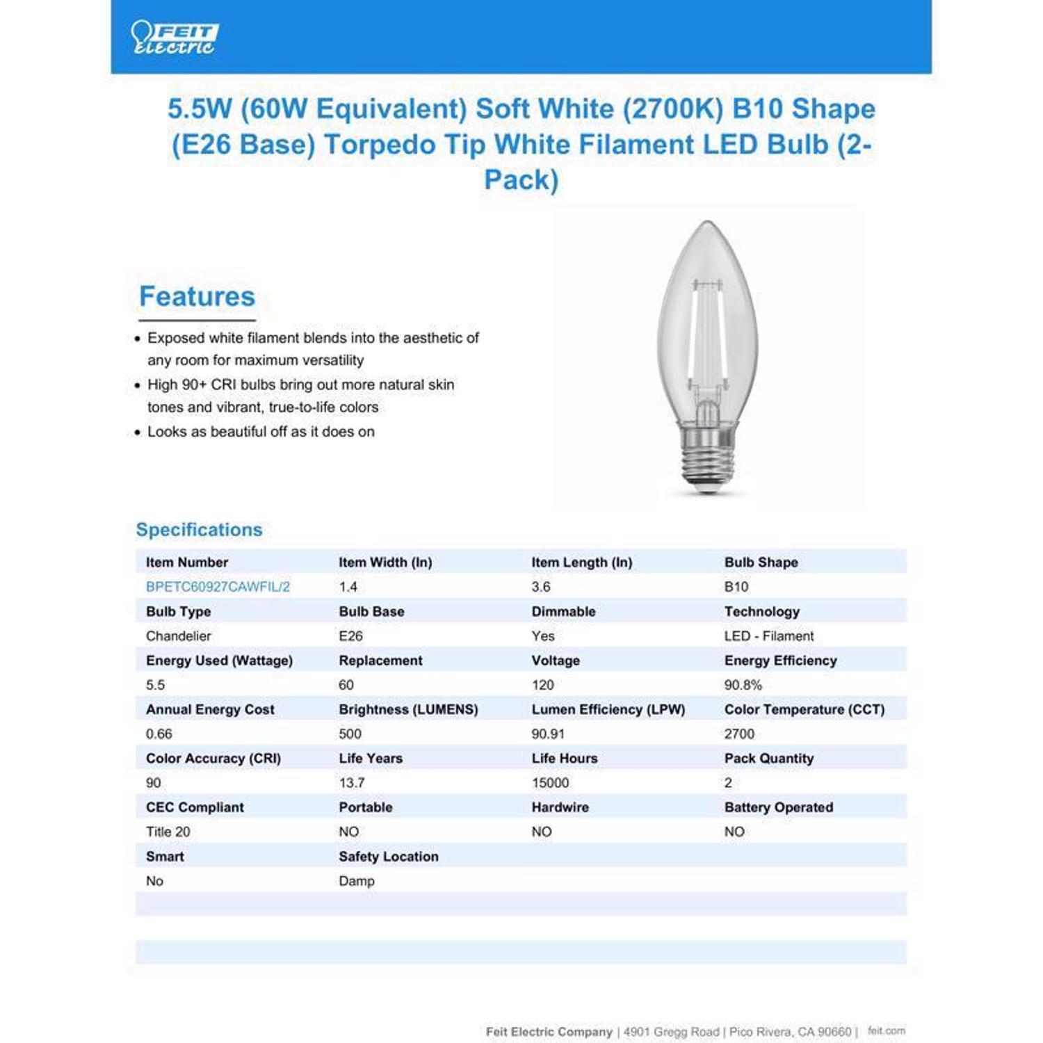 Feit White Filament B10 E26 (Medium) Filament LED Bulb Soft White 60 Watt Equivalence 2 pk