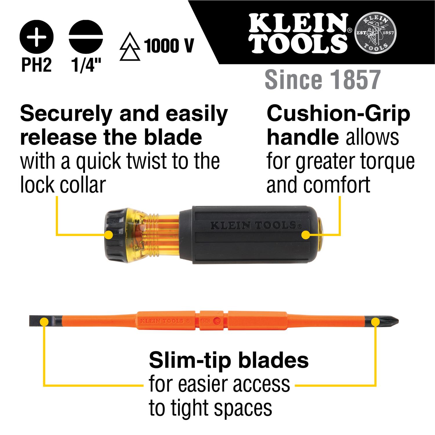 Klein Tools Phillips Bits: #2; Slotted Bits: 1/4" ; 2-in-1 Insulated Flip-Blade 8.2 in. 2 pc