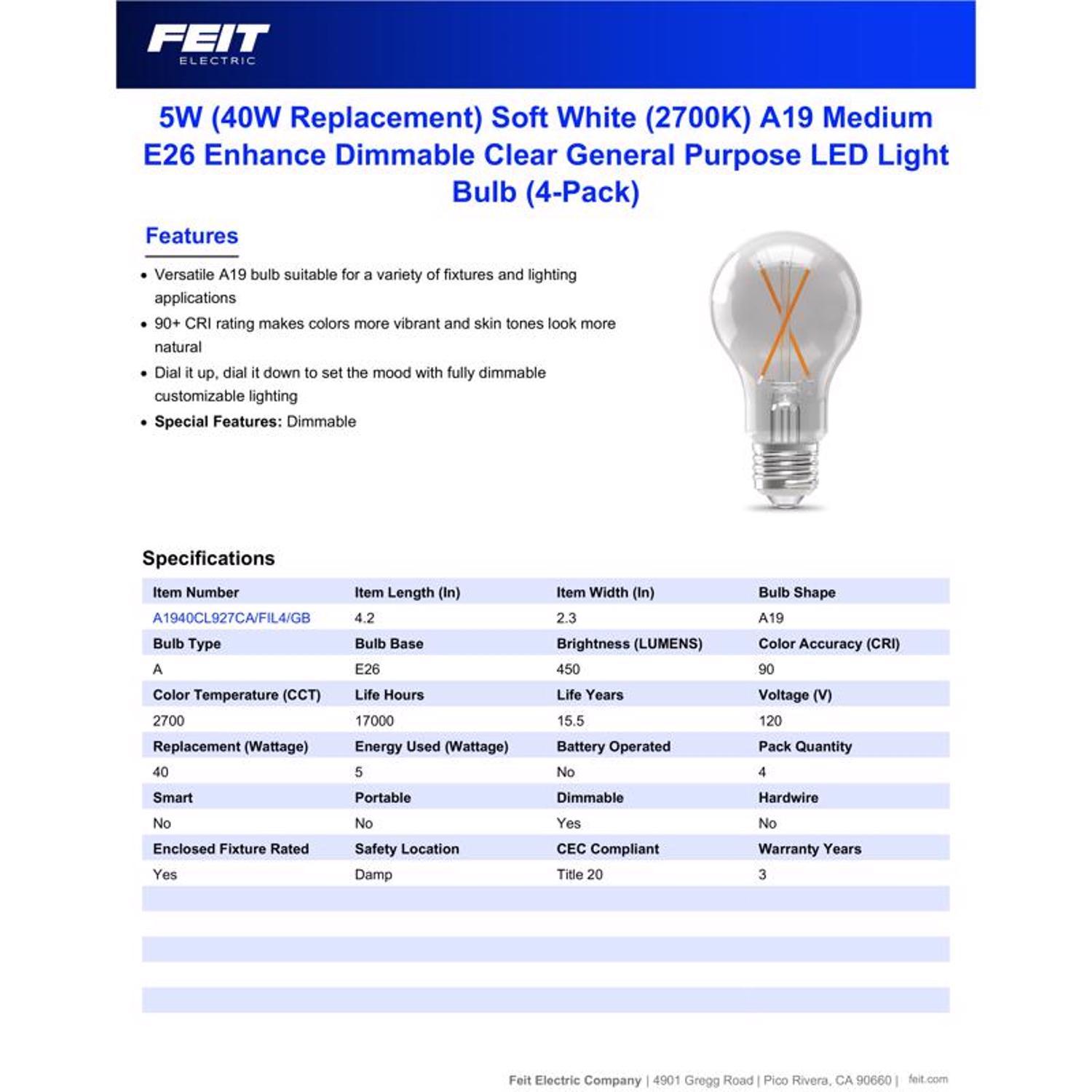 Feit Enhance A19 E26 (Medium) Filament LED Bulb Soft White 40 Watt Equivalence 4 pk